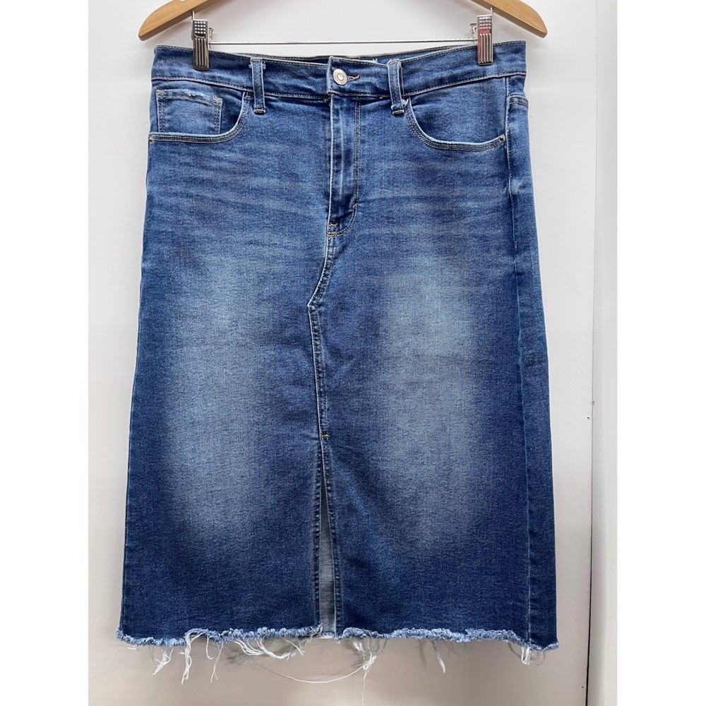 Kensie Jeans High Rise Denim Midi Skirt Medium Wash Raw Hem Front Slit Sz 10/30